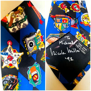 Nicole Miller SIGNED Neck Tie Blue Silk Careers NYPD Plumber Fireman Banker 1992